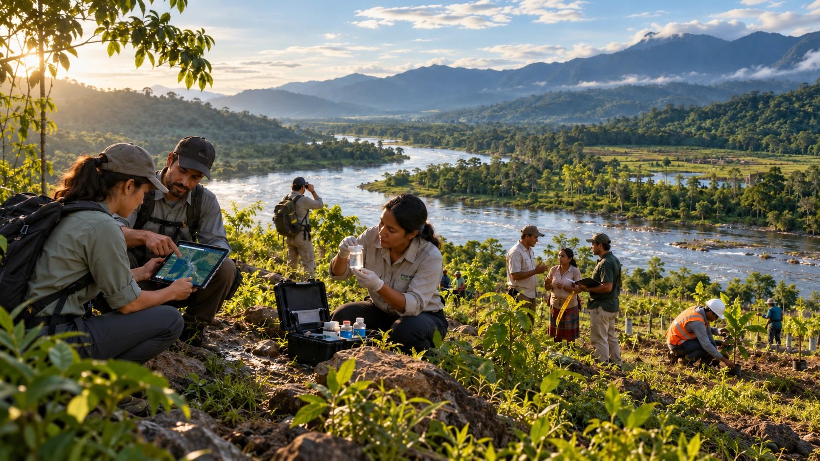 Field team collecting evidence, samples, and maps along a river